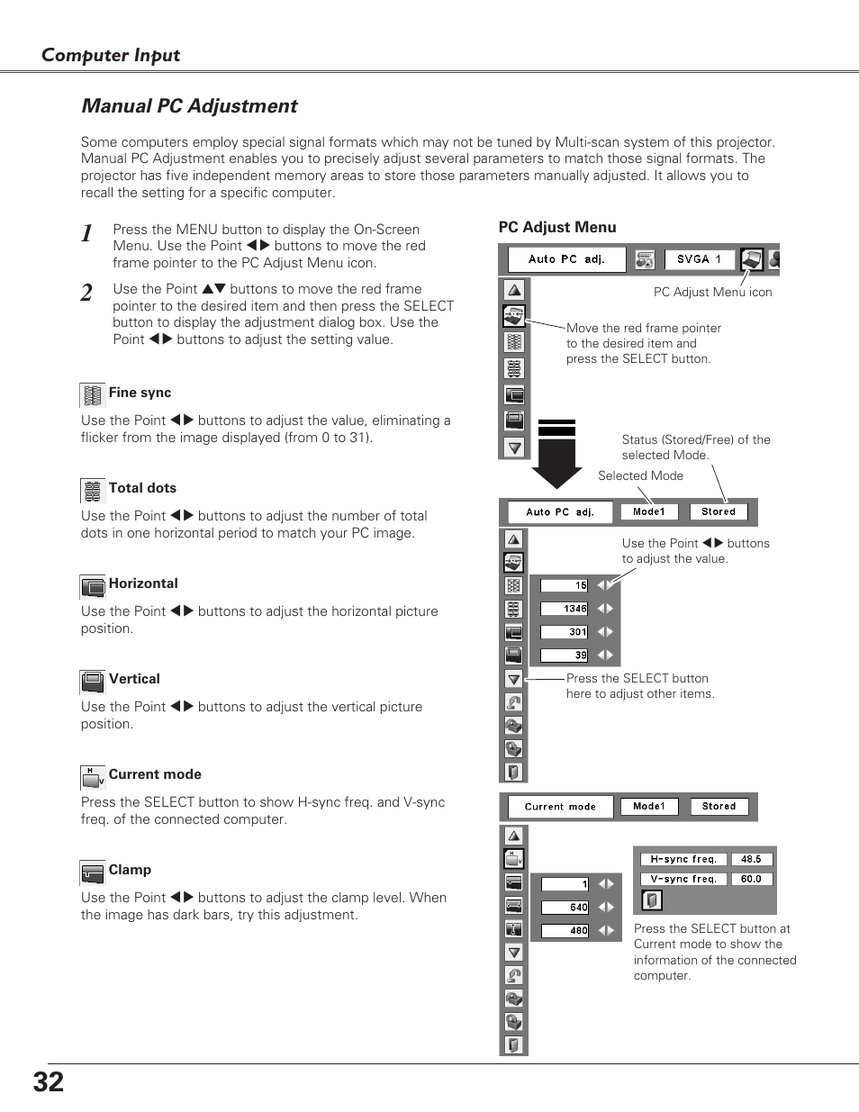 Manual pc adjustment, Computer input | Eiki LC-XB29N User Manual | Page 32 / 73