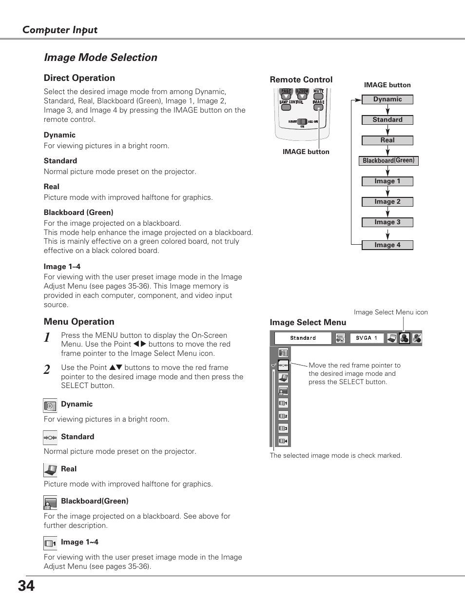 Image mode selection, Computer input | Eiki LC-XB29N User Manual | Page 34 / 73