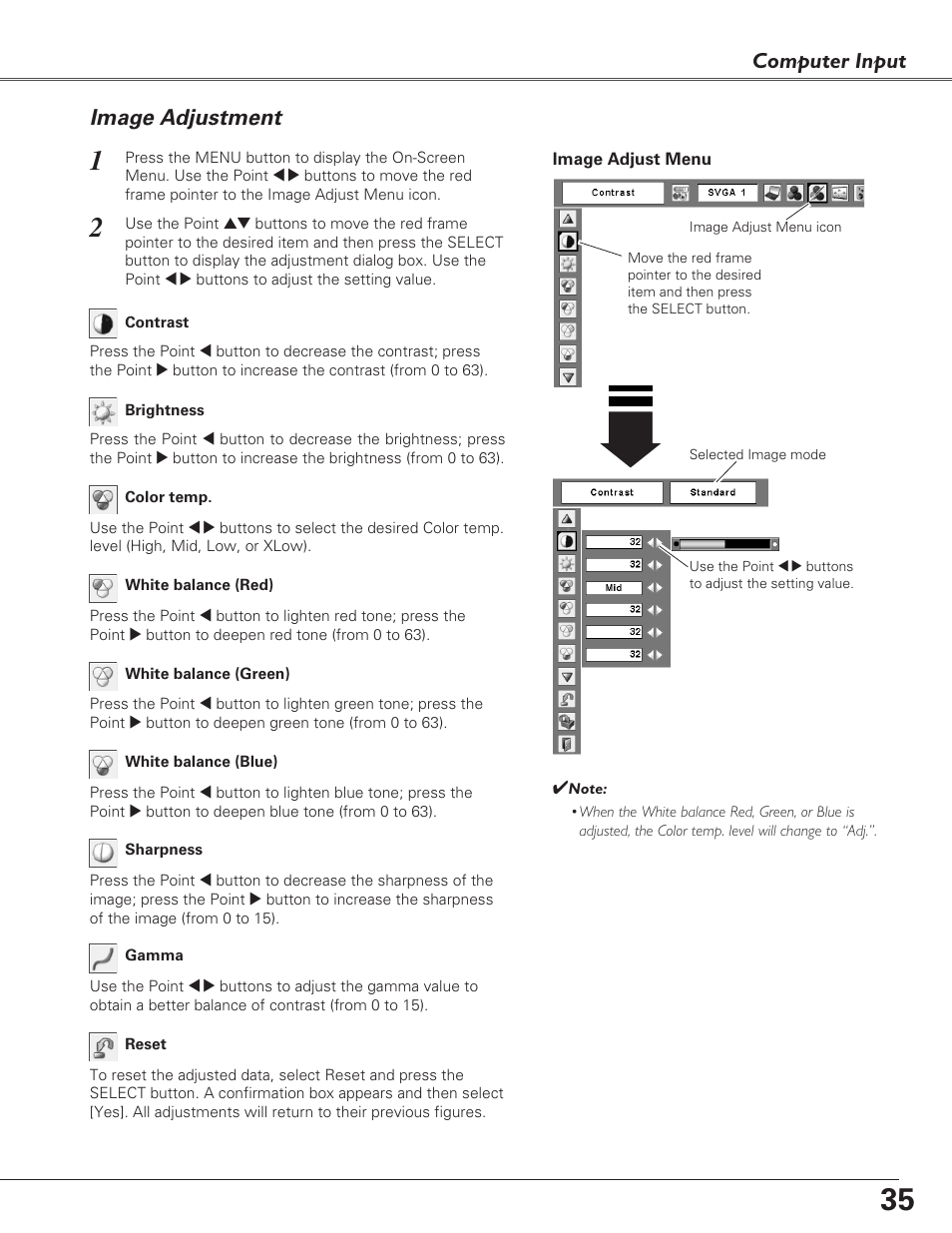 Image adjustment, Computer input | Eiki LC-XB29N User Manual | Page 35 / 73