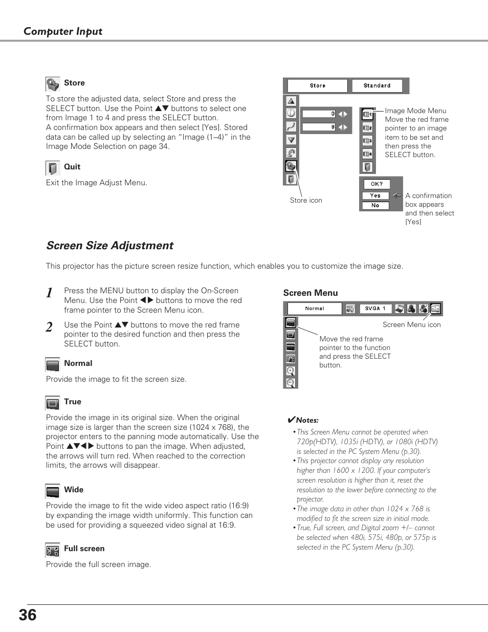 Screen size adjustment, Computer input | Eiki LC-XB29N User Manual | Page 36 / 73