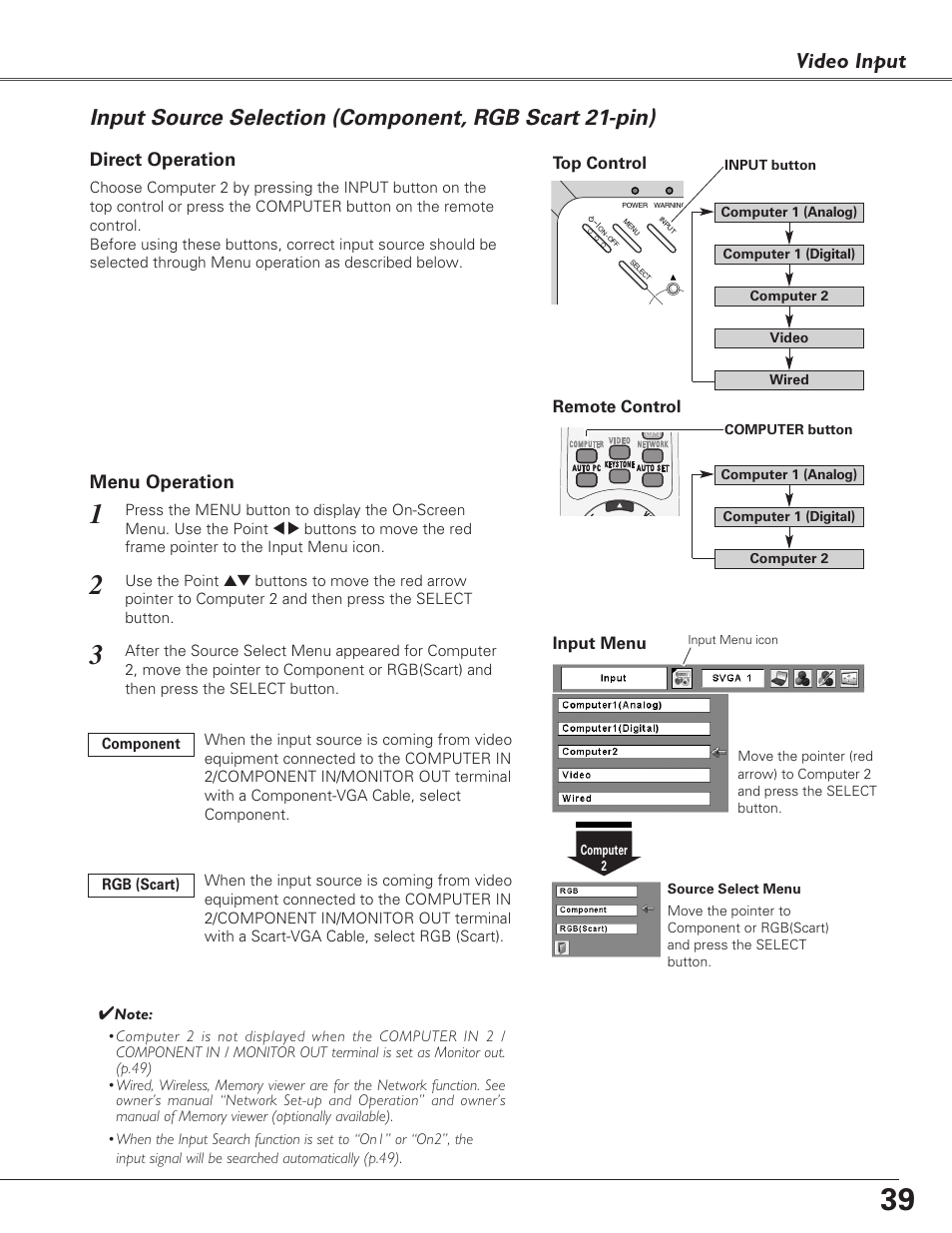 Input source selection, Component, rgb scart 21-pin), Video input | Direct operation menu operation | Eiki LC-XB29N User Manual | Page 39 / 73