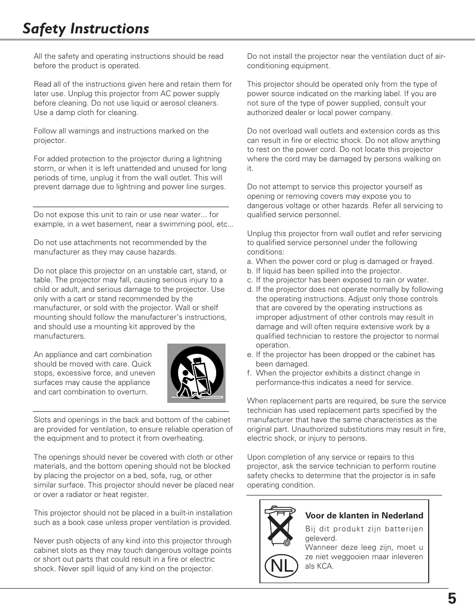 Safety instructions, 5safety instructions | Eiki LC-XB29N User Manual | Page 5 / 73