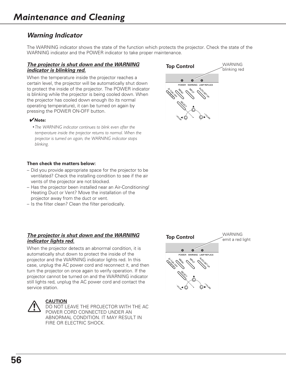 Maintenance and cleaning, Warning indicator, Top control | Eiki LC-XB29N User Manual | Page 56 / 73