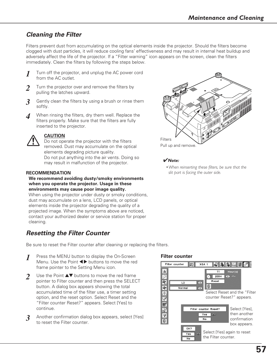 Cleaning the filter, Resetting the filter counter | Eiki LC-XB29N User Manual | Page 57 / 73