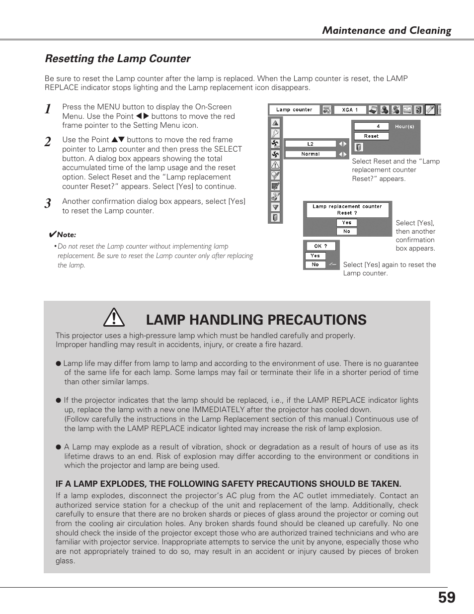 Resetting the lamp counter, Lamp handling precautions, Maintenance and cleaning | Eiki LC-XB29N User Manual | Page 59 / 73