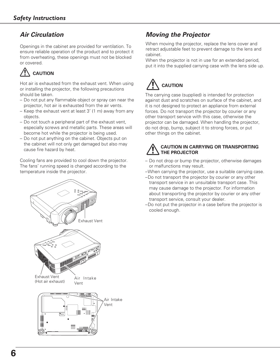 Air circulation, Moving the projector, Safety instructions | Eiki LC-XB29N User Manual | Page 6 / 73