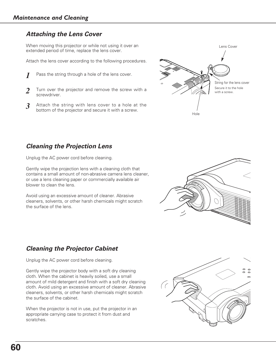 Attaching the lens cover, Cleaning the projection lens, Cleaning the projector cabinet | Eiki LC-XB29N User Manual | Page 60 / 73