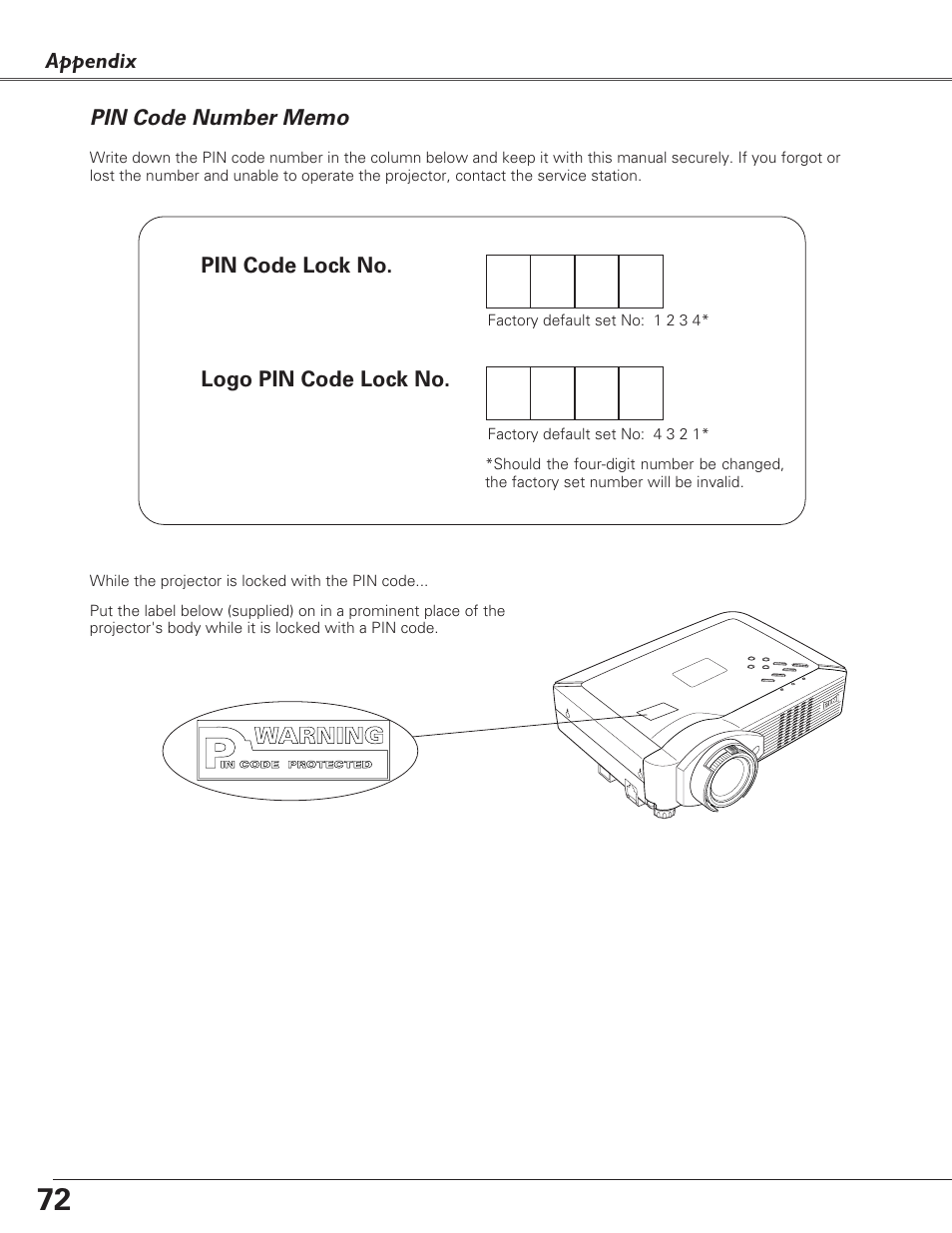 Pin code number memo | Eiki LC-XB29N User Manual | Page 72 / 73