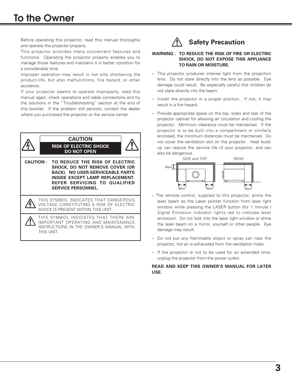 3to the owner, Safety precaution | Eiki LC-SB20 User Manual | Page 3 / 56