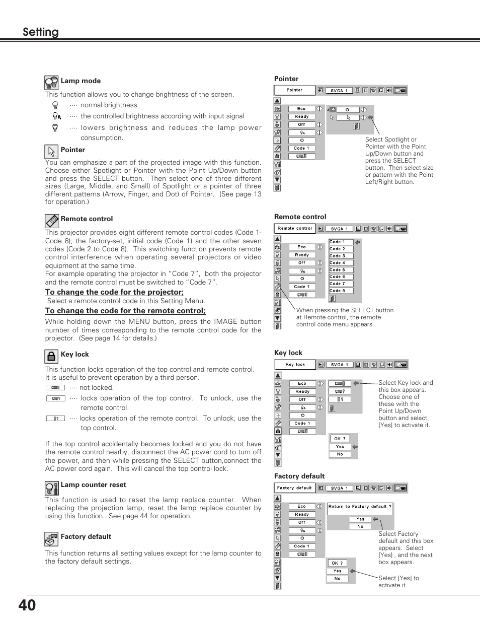 Setting | Eiki LC-SB20 User Manual | Page 40 / 56