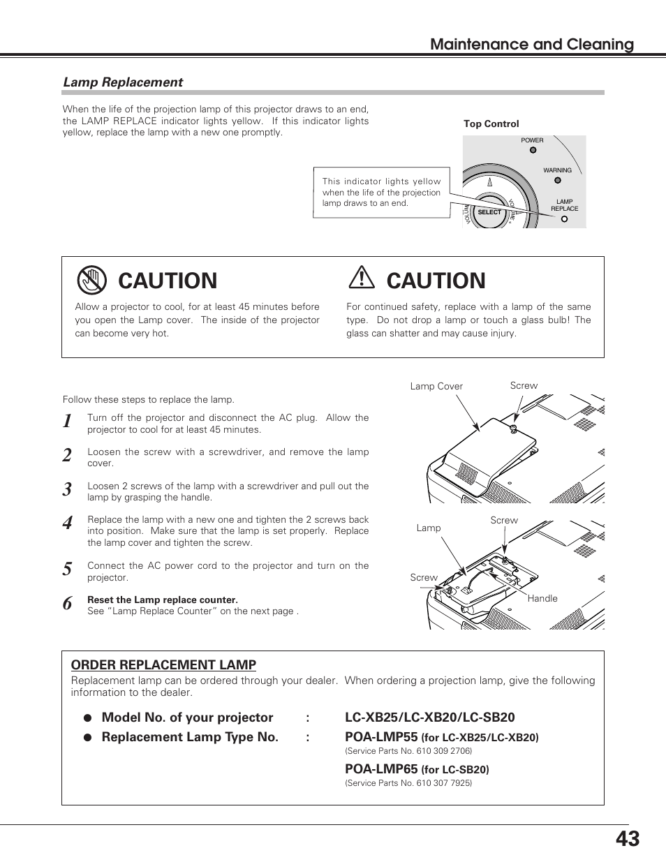 Caution, Maintenance and cleaning | Eiki LC-SB20 User Manual | Page 43 / 56