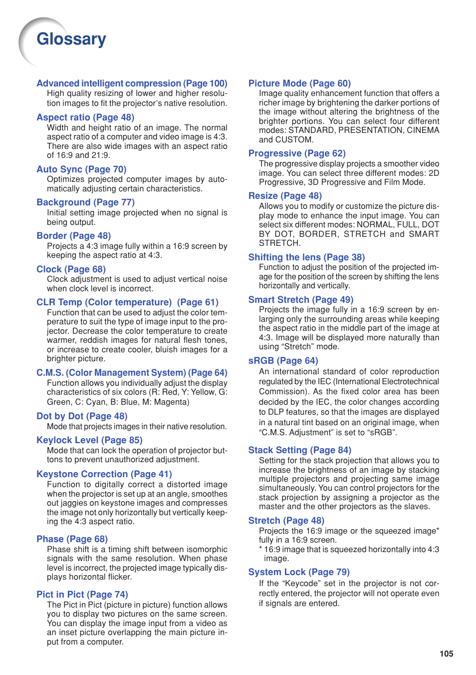 Glossary, Resize, Aspect ratio | Border, Stretch, Dot by dot, Selecting the, Picture mode, Description of, Color temperature | Eiki DLP Projector EIP-5000 User Manual | Page 107 / 109