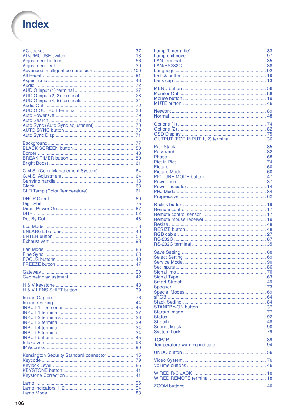 Index | Eiki DLP Projector EIP-5000 User Manual | Page 108 / 109