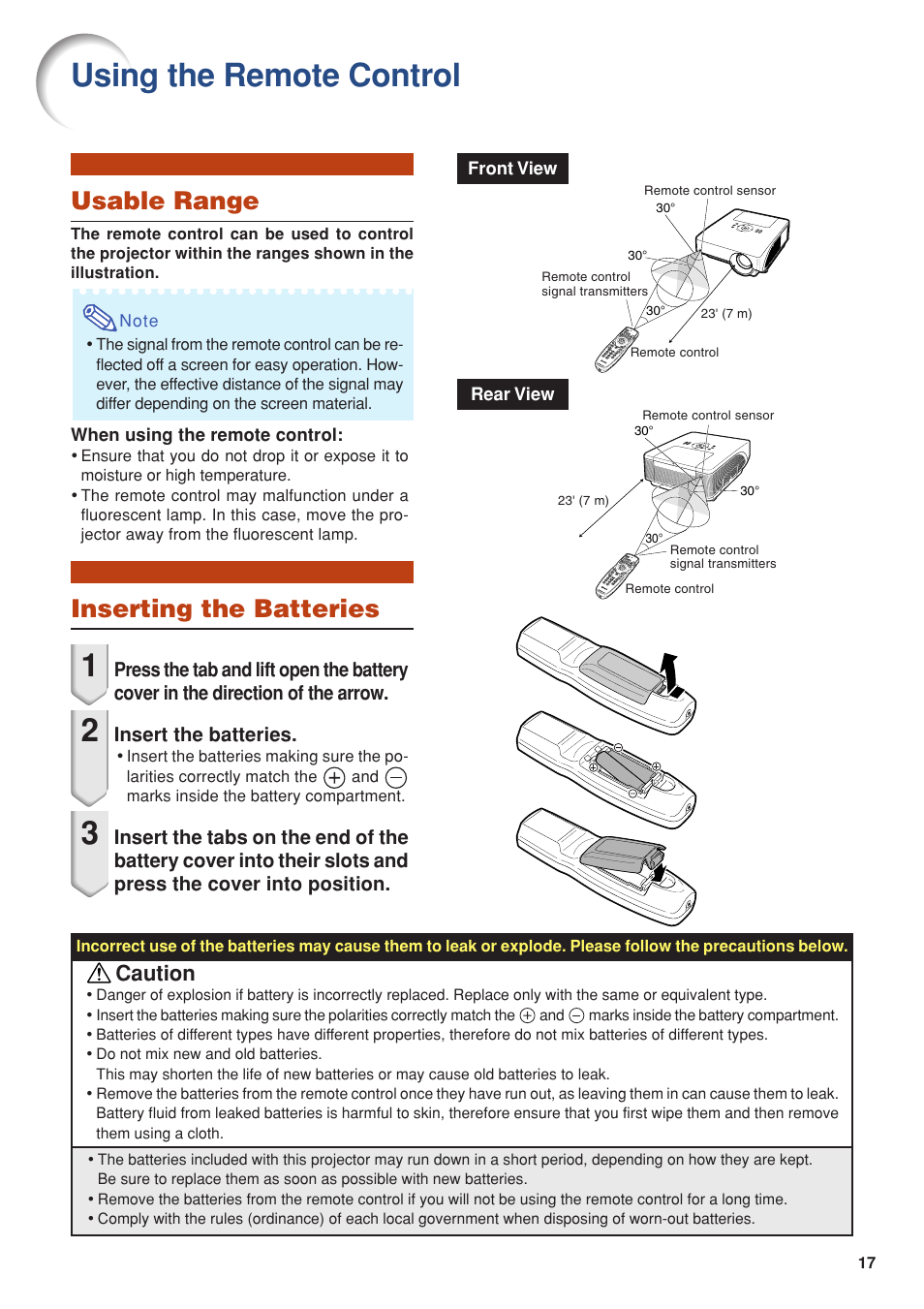 Using the remote control, Usable range, Inserting the batteries | Usable range inserting the batteries, Caution | Eiki DLP Projector EIP-5000 User Manual | Page 19 / 109