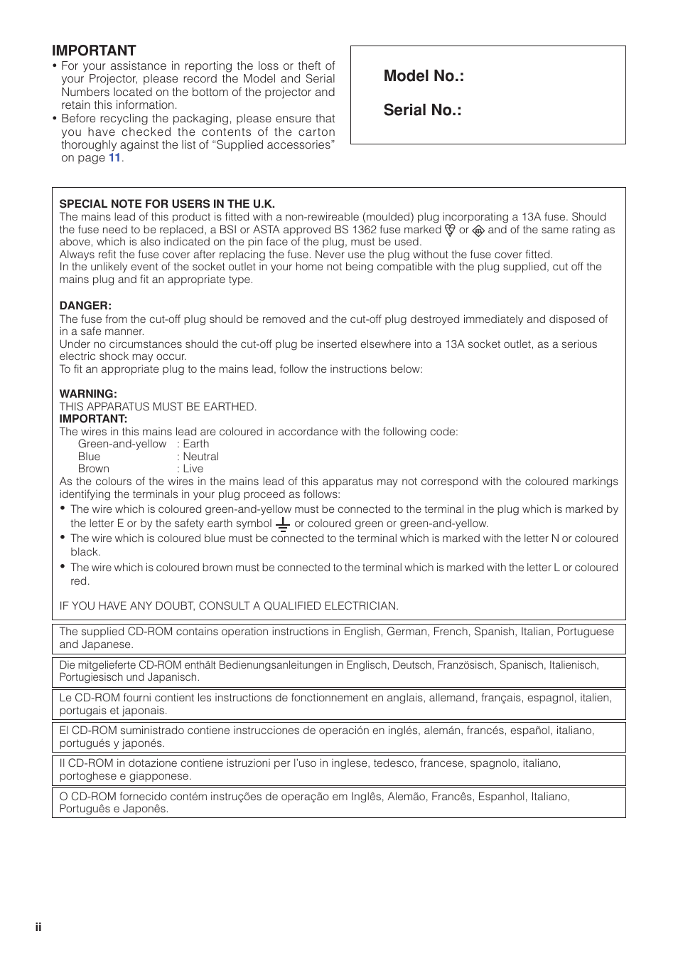 Model no.: serial no, Important | Eiki DLP Projector EIP-5000 User Manual | Page 2 / 109