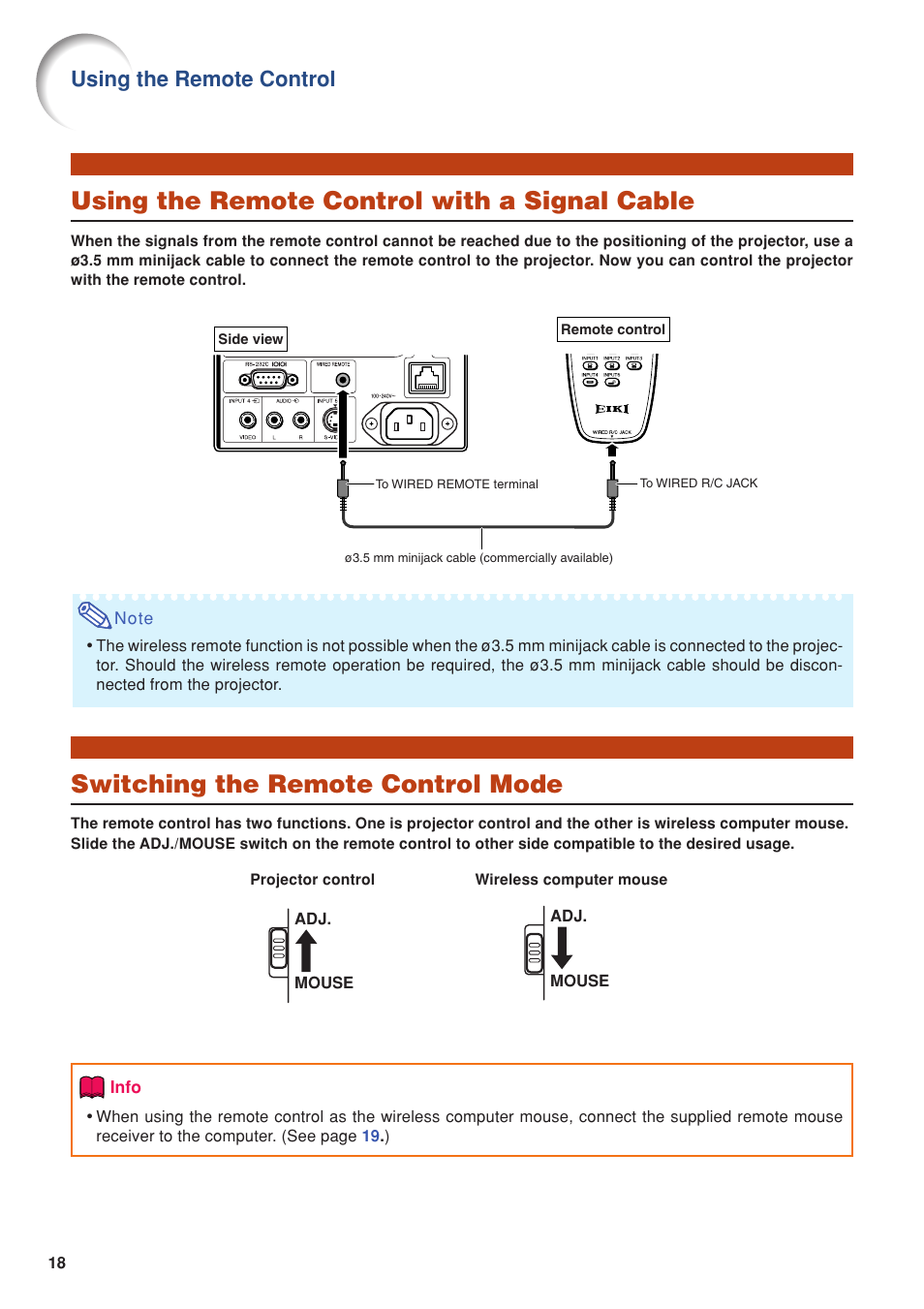 Using the remote control with a signal cable, Switching the remote control mode, Using the remote control | Eiki DLP Projector EIP-5000 User Manual | Page 20 / 109