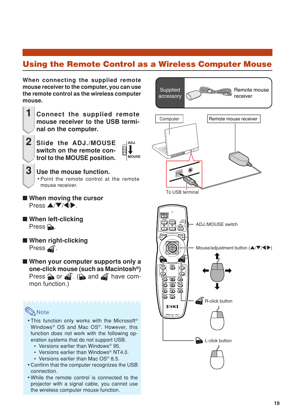 Using the remote control as a wireless, Computer mouse | Eiki DLP Projector EIP-5000 User Manual | Page 21 / 109