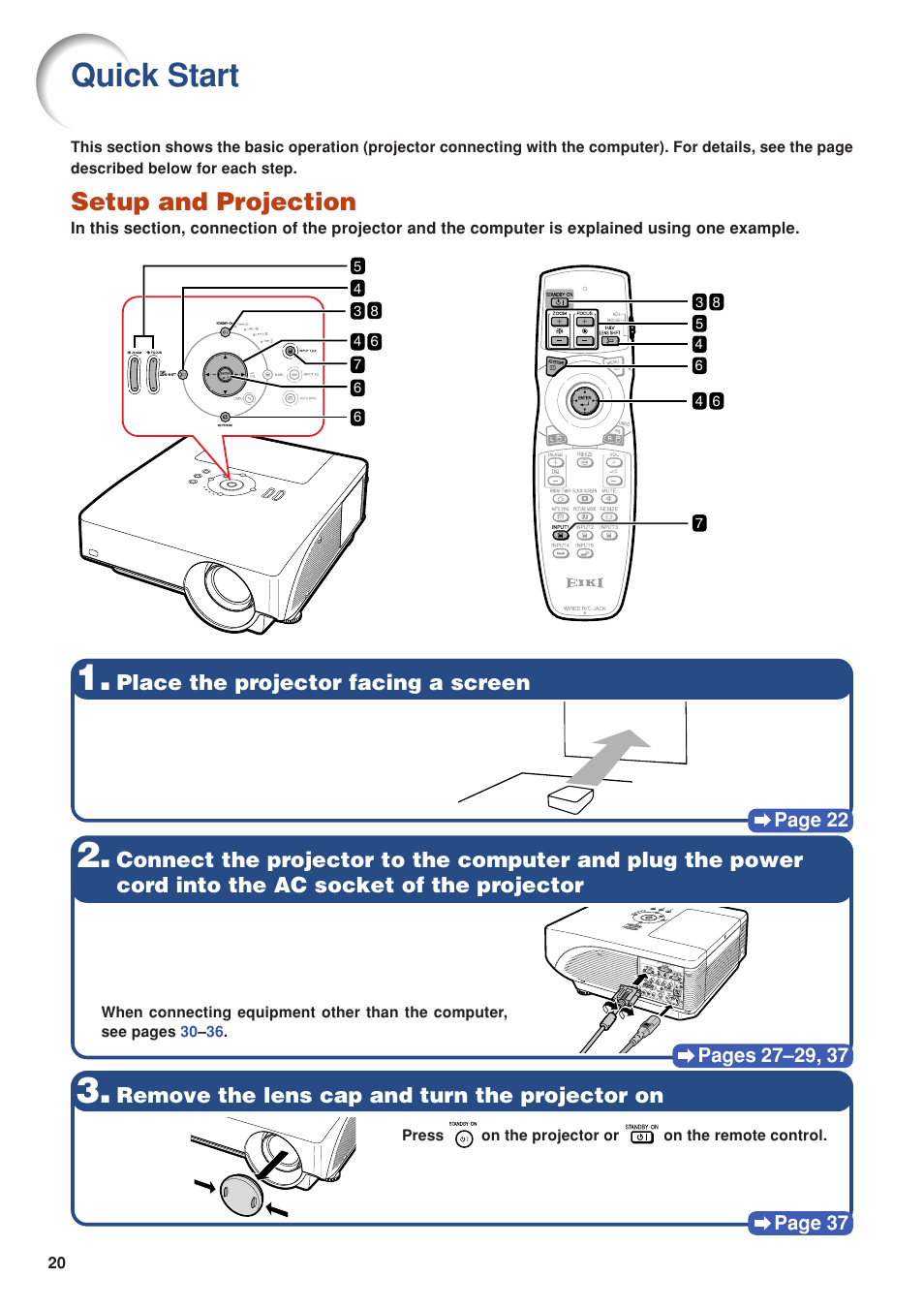 Quick start, Setup and projection, Place the projector facing a screen | Remove the lens cap and turn the projector on | Eiki DLP Projector EIP-5000 User Manual | Page 22 / 109