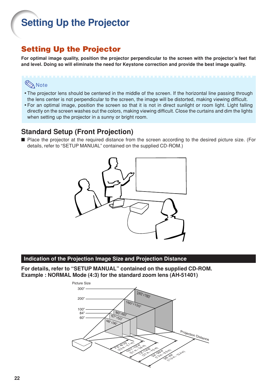 Setup, Setting up the projector, Standard setup (front projection) | Eiki DLP Projector EIP-5000 User Manual | Page 24 / 109