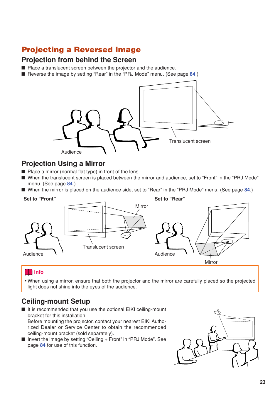 Projecting a reversed image, Projection from behind the screen, Projection using a mirror | Ceiling-mount setup | Eiki DLP Projector EIP-5000 User Manual | Page 25 / 109