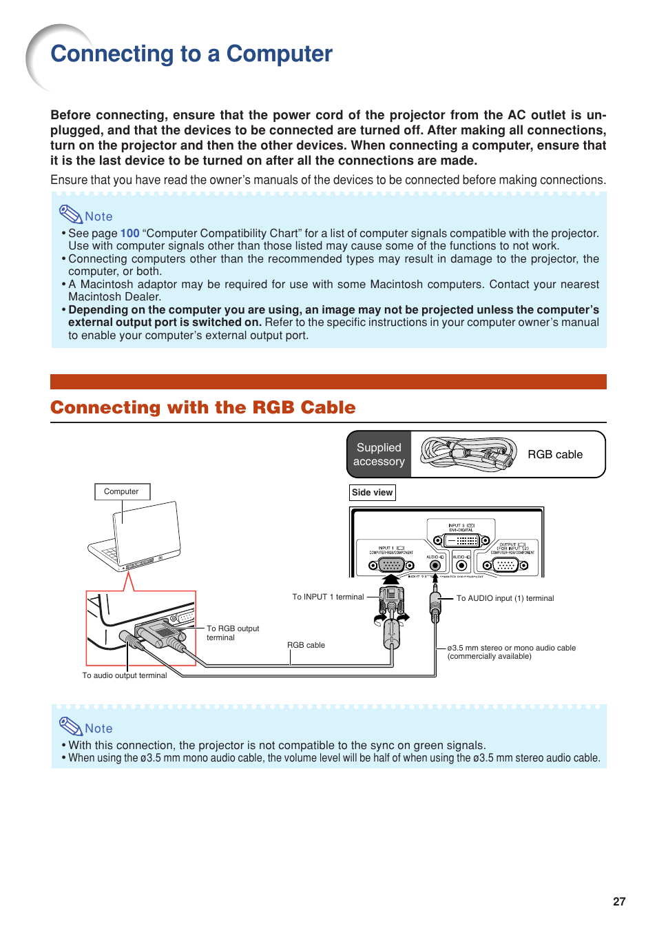 Connecting to a computer, Connecting with the rgb cable | Eiki DLP Projector EIP-5000 User Manual | Page 29 / 109