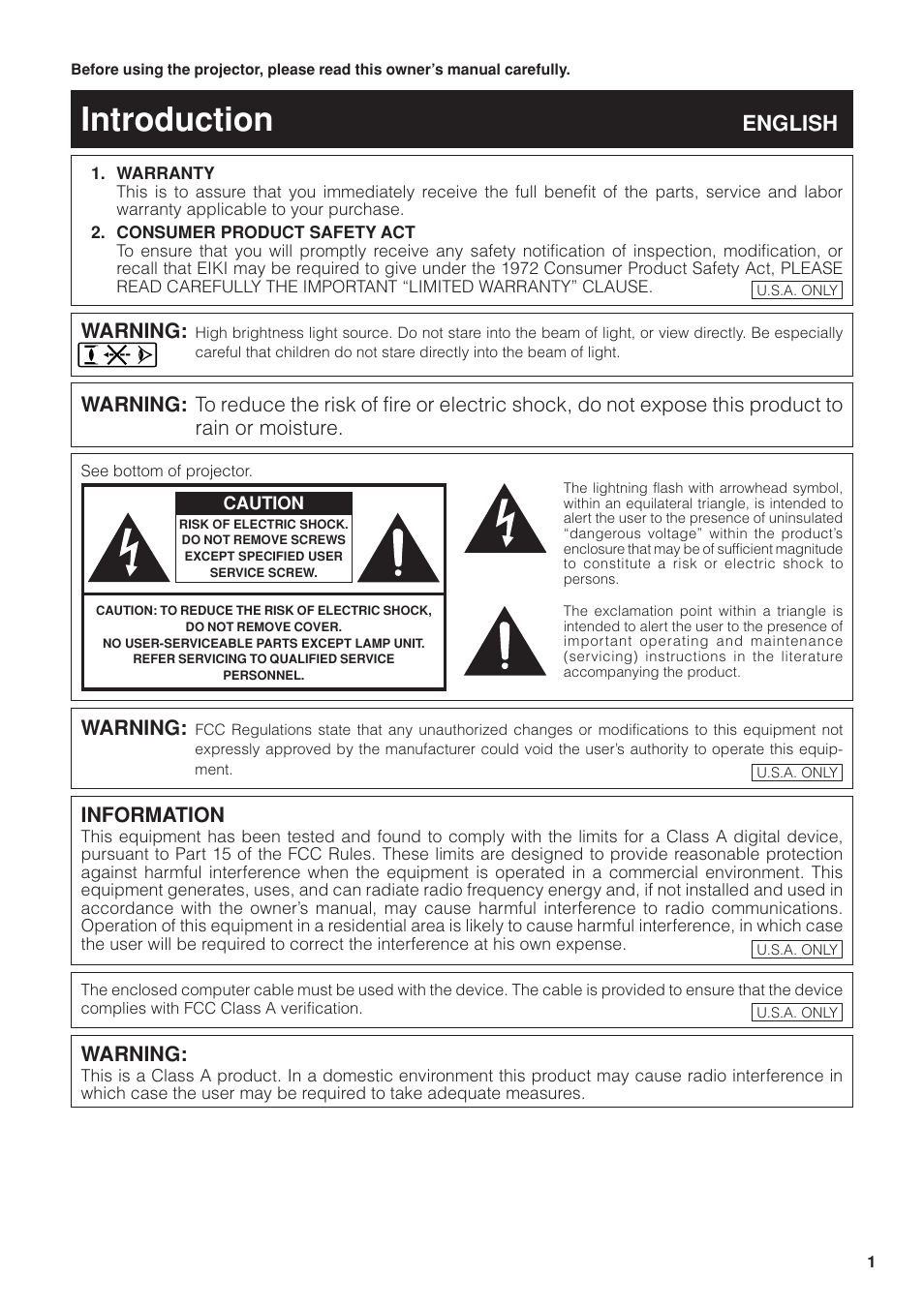 Introduction, English, Warning | Information | Eiki DLP Projector EIP-5000 User Manual | Page 3 / 109