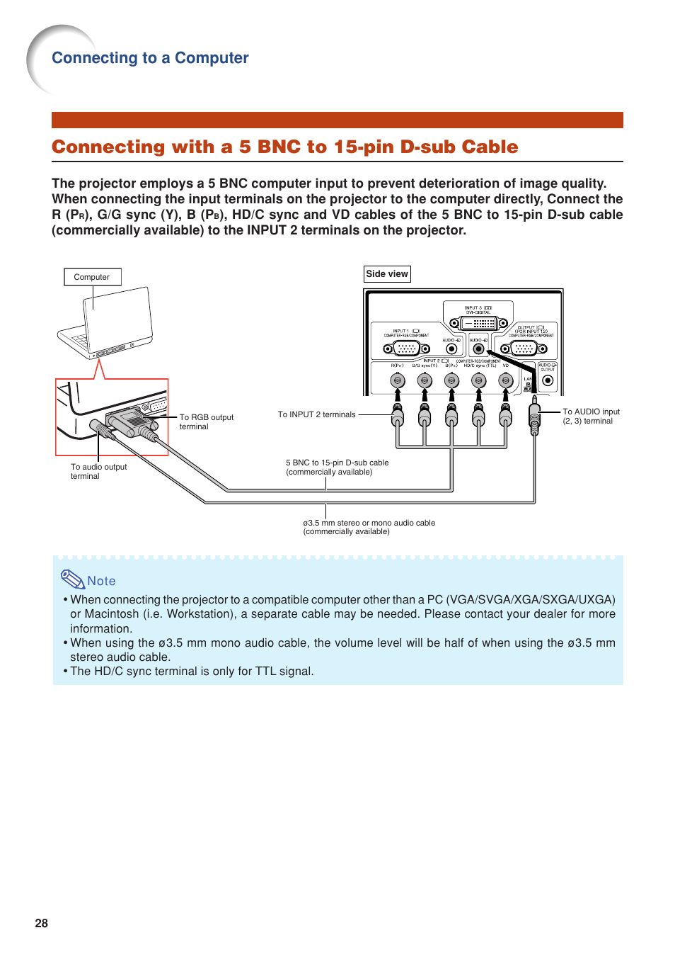 Connecting with a 5 bnc to 15-pin d-sub cable, Connecting with a 5 bnc to 15-pin d-sub, Cable | Connecting to a computer | Eiki DLP Projector EIP-5000 User Manual | Page 30 / 109