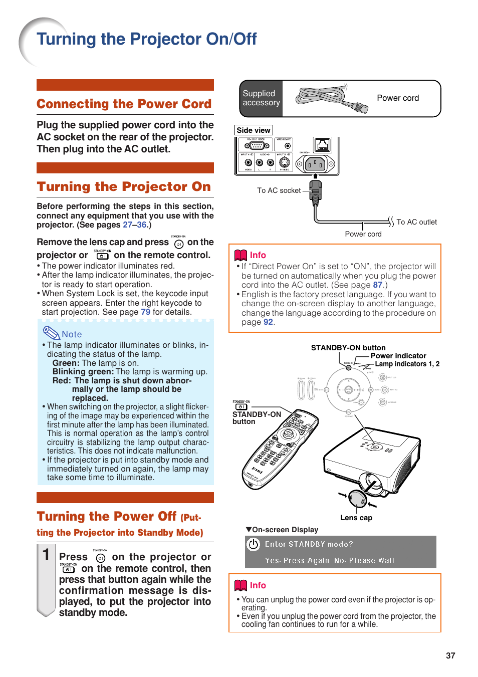 Basic operation, Turning the projector on/off, Connecting the power cord | Turning the projector on, Turning the power off | Eiki DLP Projector EIP-5000 User Manual | Page 39 / 109
