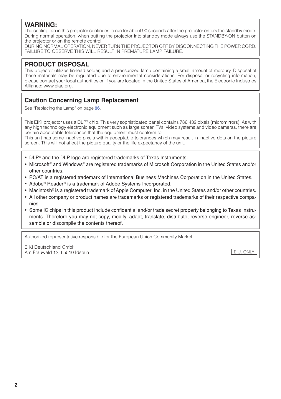 Warning, Product disposal, Caution concerning lamp replacement | Eiki DLP Projector EIP-5000 User Manual | Page 4 / 109