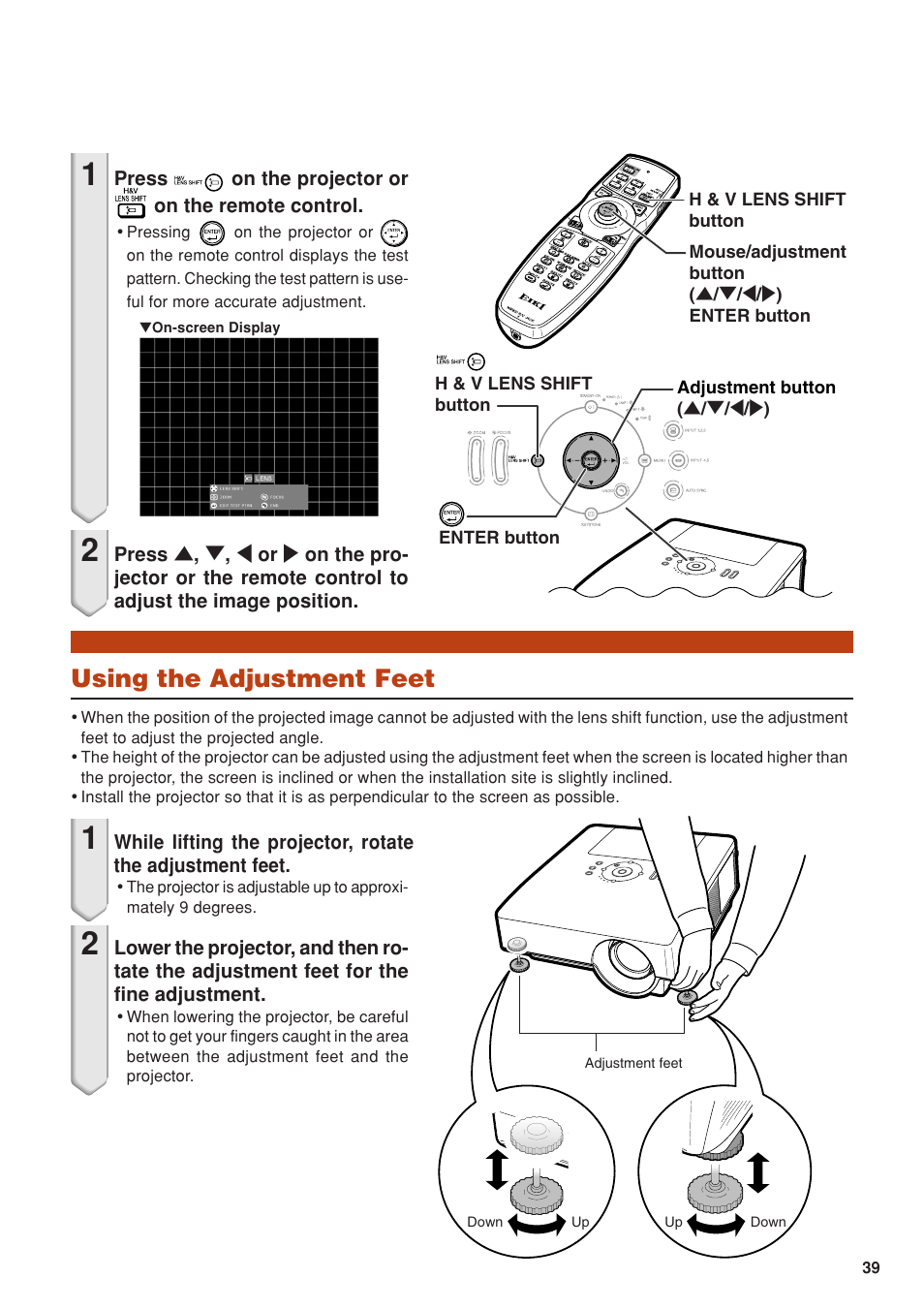 Using the adjustment feet | Eiki DLP Projector EIP-5000 User Manual | Page 41 / 109