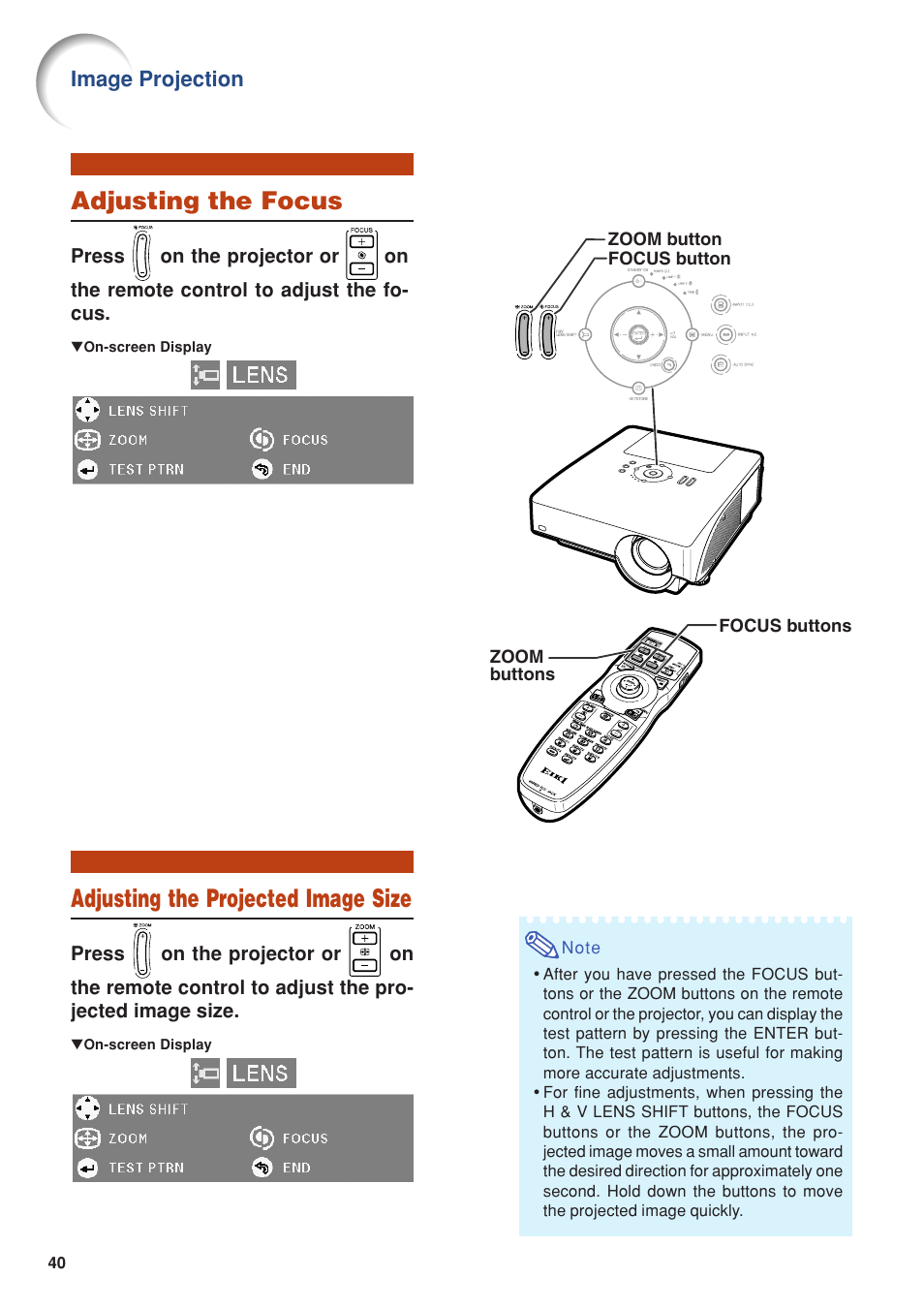 Adjusting the focus, Adjusting the projected image size | Eiki DLP Projector EIP-5000 User Manual | Page 42 / 109