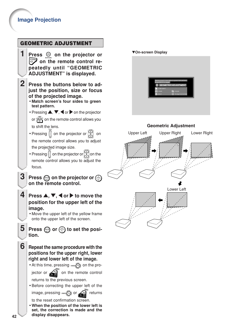 Geometric adjustment, Image projection | Eiki DLP Projector EIP-5000 User Manual | Page 44 / 109