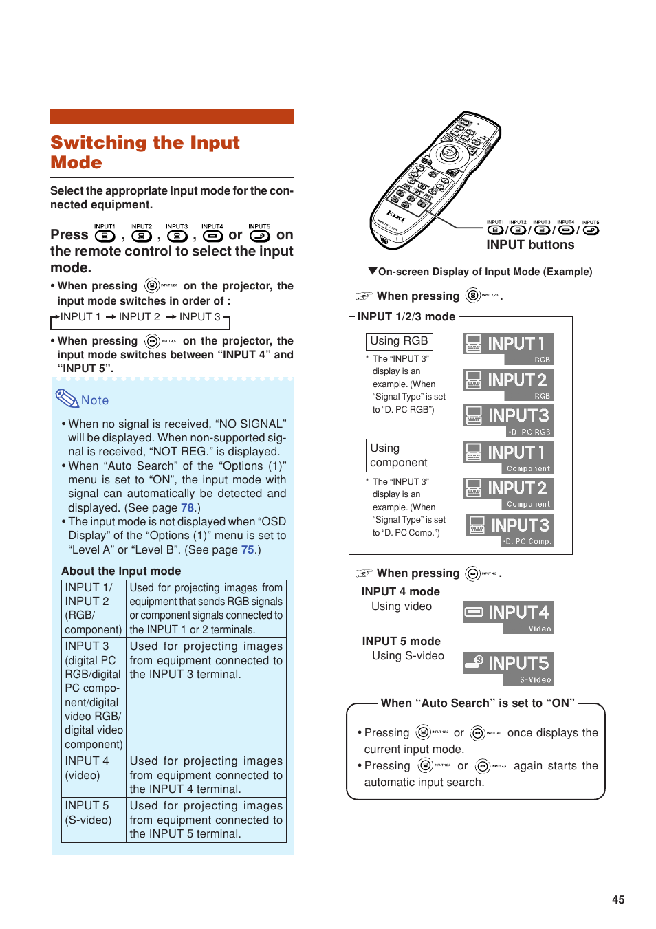 Switching the input mode | Eiki DLP Projector EIP-5000 User Manual | Page 47 / 109