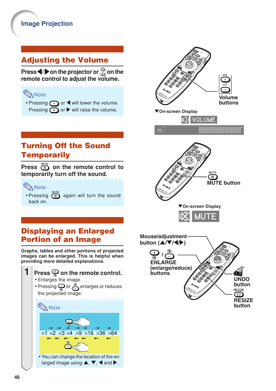 Adjusting the volume, Turning off the sound temporarily, Displaying an enlarged portion of an image | Eiki DLP Projector EIP-5000 User Manual | Page 48 / 109