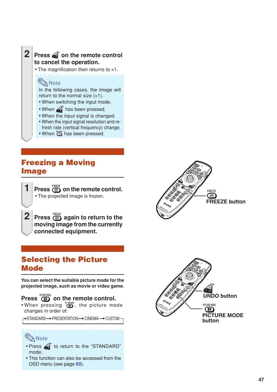 Freezing a moving image, Selecting the picture mode, Freezing a moving image selecting the picture mode | Eiki DLP Projector EIP-5000 User Manual | Page 49 / 109