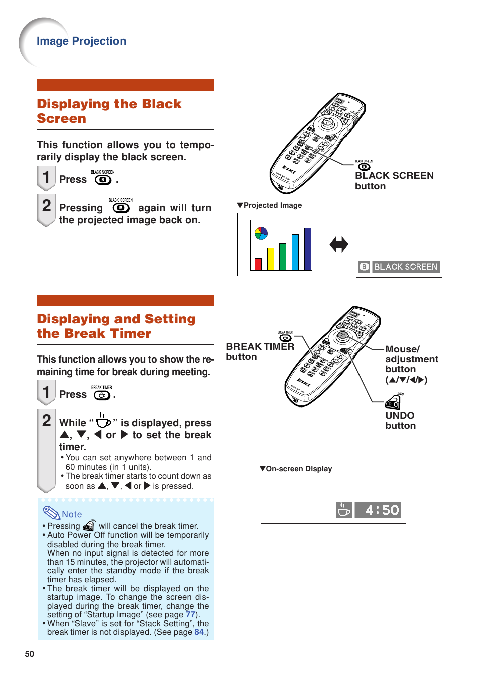 Displaying the black screen, Displaying and setting the break timer, Image projection | Eiki DLP Projector EIP-5000 User Manual | Page 52 / 109