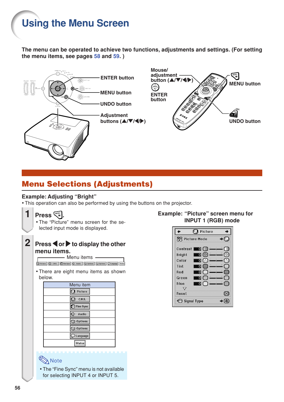 Using the menu screen, Menu selections (adjustments) | Eiki DLP Projector EIP-5000 User Manual | Page 58 / 109