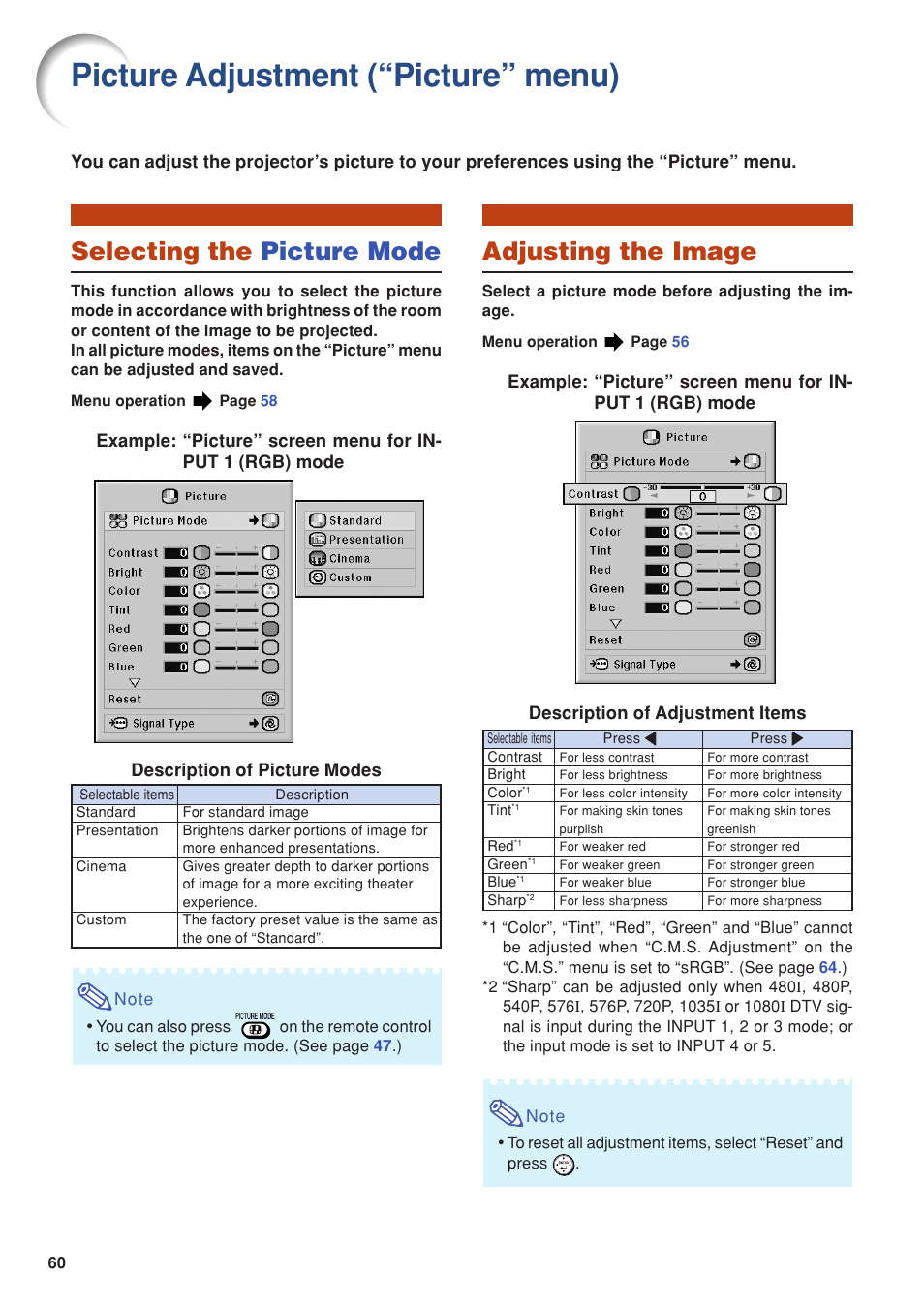 Picture adjustment (“picture” menu), Selecting the picture mode, Adjusting the image | Selecting the picture mode adjusting the image | Eiki DLP Projector EIP-5000 User Manual | Page 62 / 109