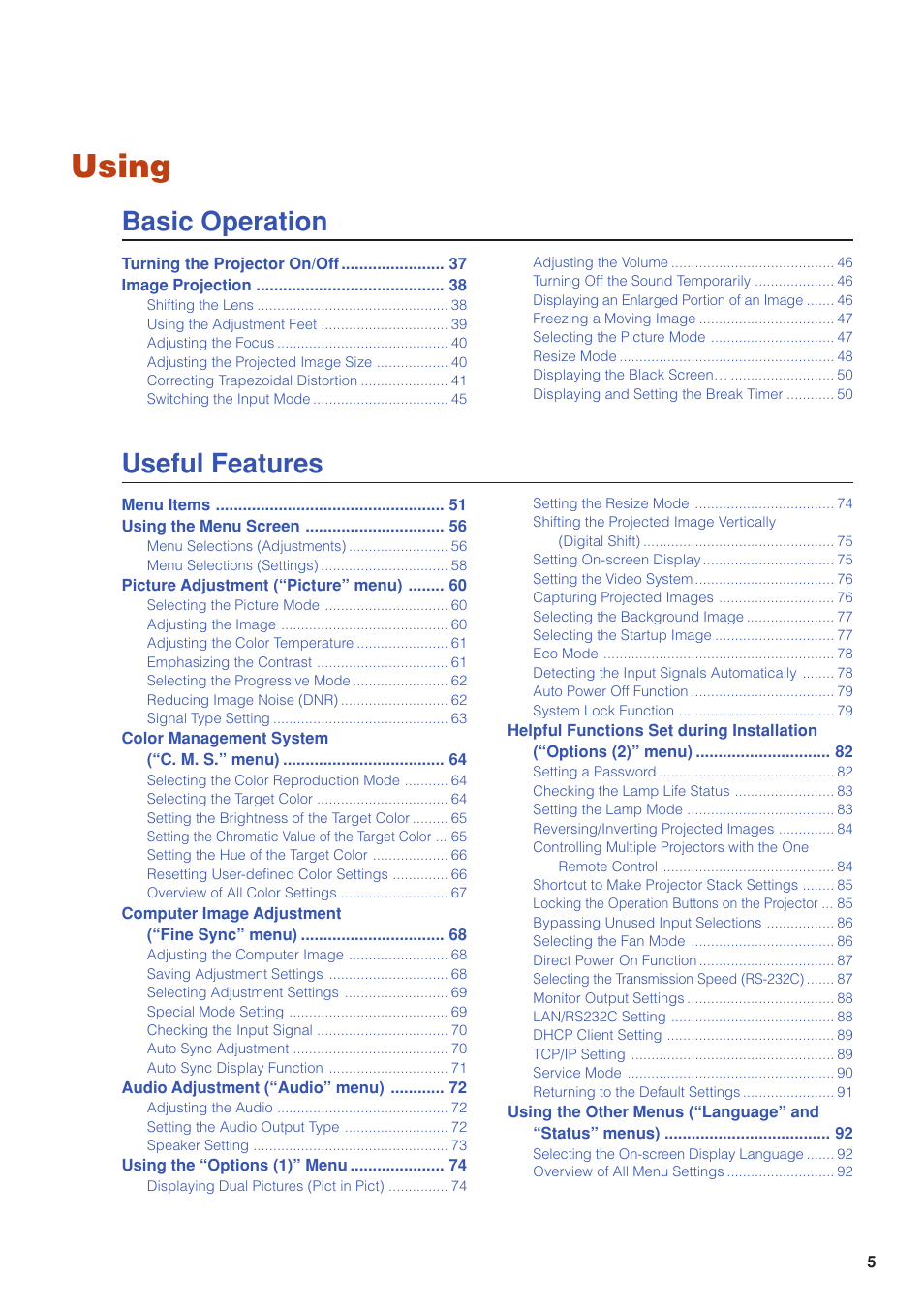 Using, Basic operation, Useful features | Eiki DLP Projector EIP-5000 User Manual | Page 7 / 109