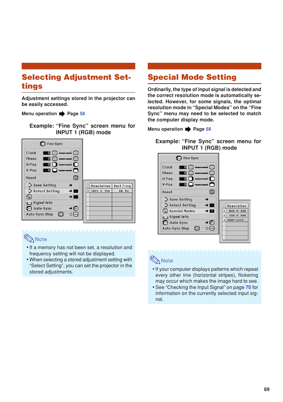 Selecting adjustment settings, Special mode setting, Selecting adjustment settings special mode setting | Selecting adjustment set- tings | Eiki DLP Projector EIP-5000 User Manual | Page 71 / 109