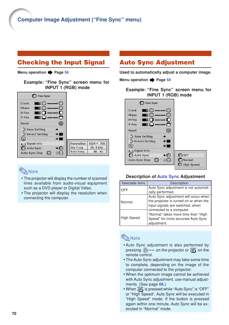 Checking the input signal, Auto sync adjustment, Checking the input signal auto sync adjustment | For details, Computer image adjustment (“fine sync” menu) | Eiki DLP Projector EIP-5000 User Manual | Page 72 / 109