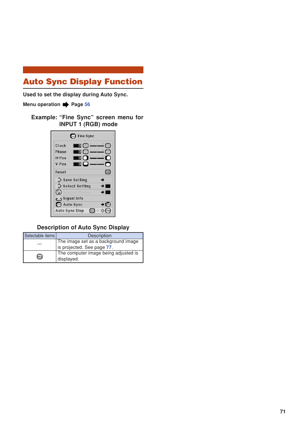 Auto sync display function | Eiki DLP Projector EIP-5000 User Manual | Page 73 / 109