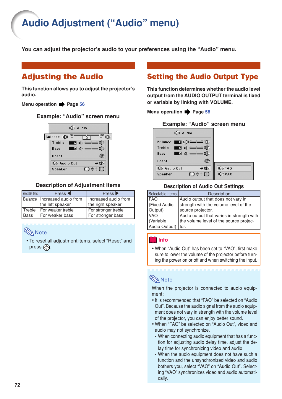 Audio adjustment (“audio”menu), Adjusting the audio, Setting the audio output type | Audio adjustment (“audio” menu), Adjusting the audio setting the audio output type | Eiki DLP Projector EIP-5000 User Manual | Page 74 / 109