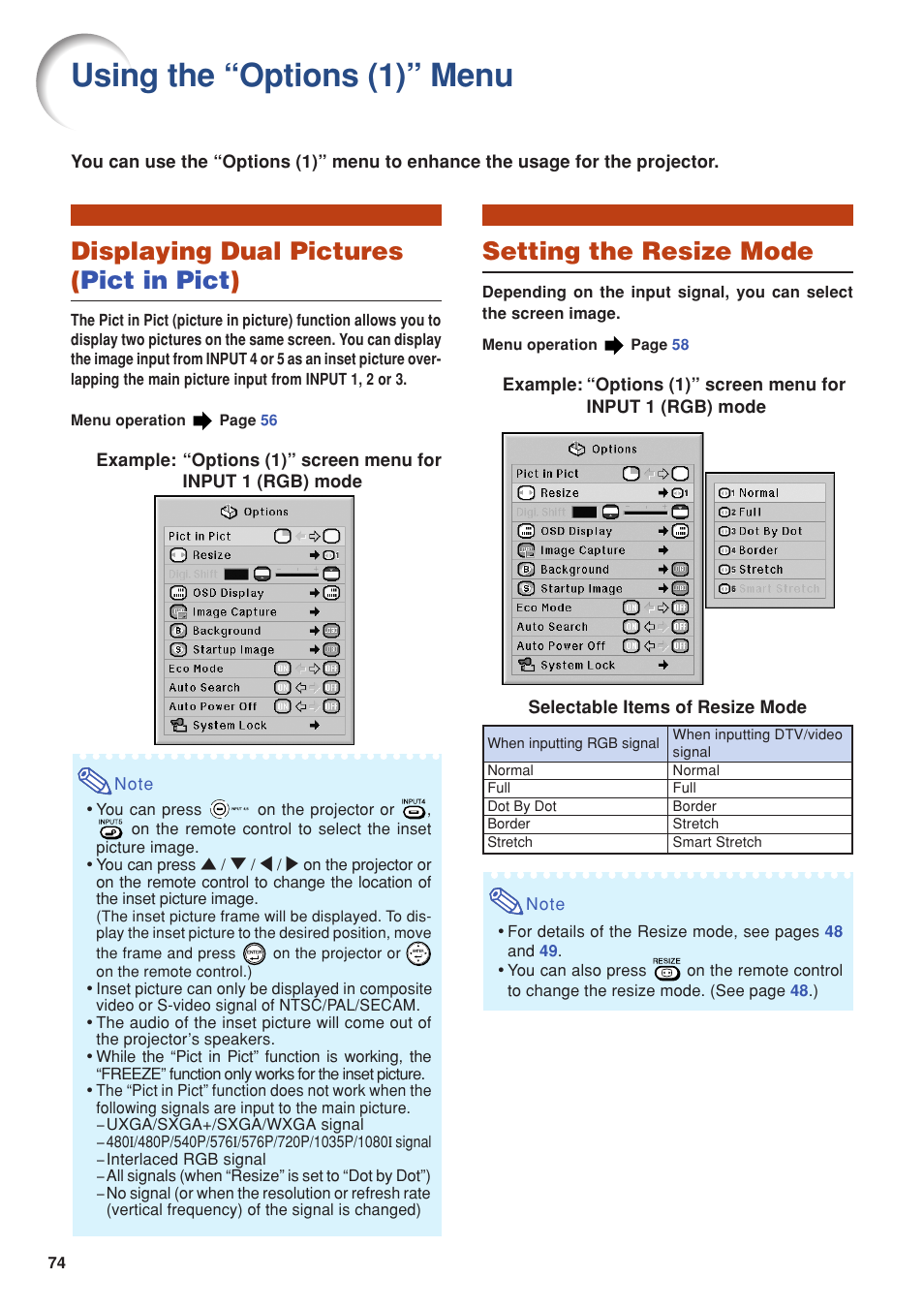 Using the “options (1)” menu, Displaying dual pictures (pict in pict), Setting the resize mode | Displaying dual pictures ( pict in pict ) | Eiki DLP Projector EIP-5000 User Manual | Page 76 / 109