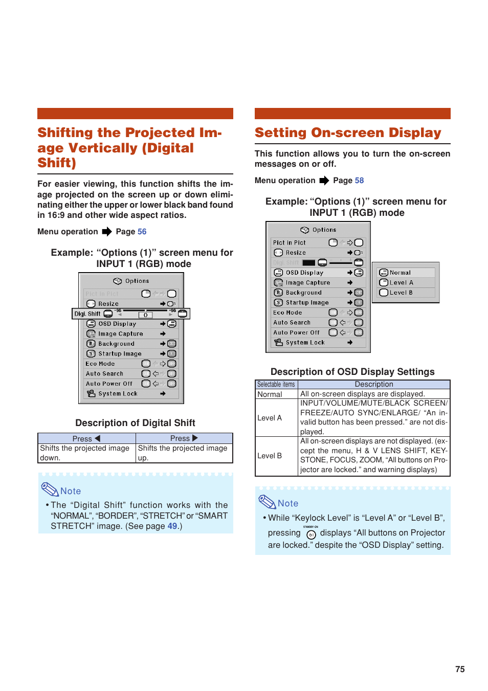 Setting on-screen display, Shifting the projected image vertically, Digital shift) | Eiki DLP Projector EIP-5000 User Manual | Page 77 / 109