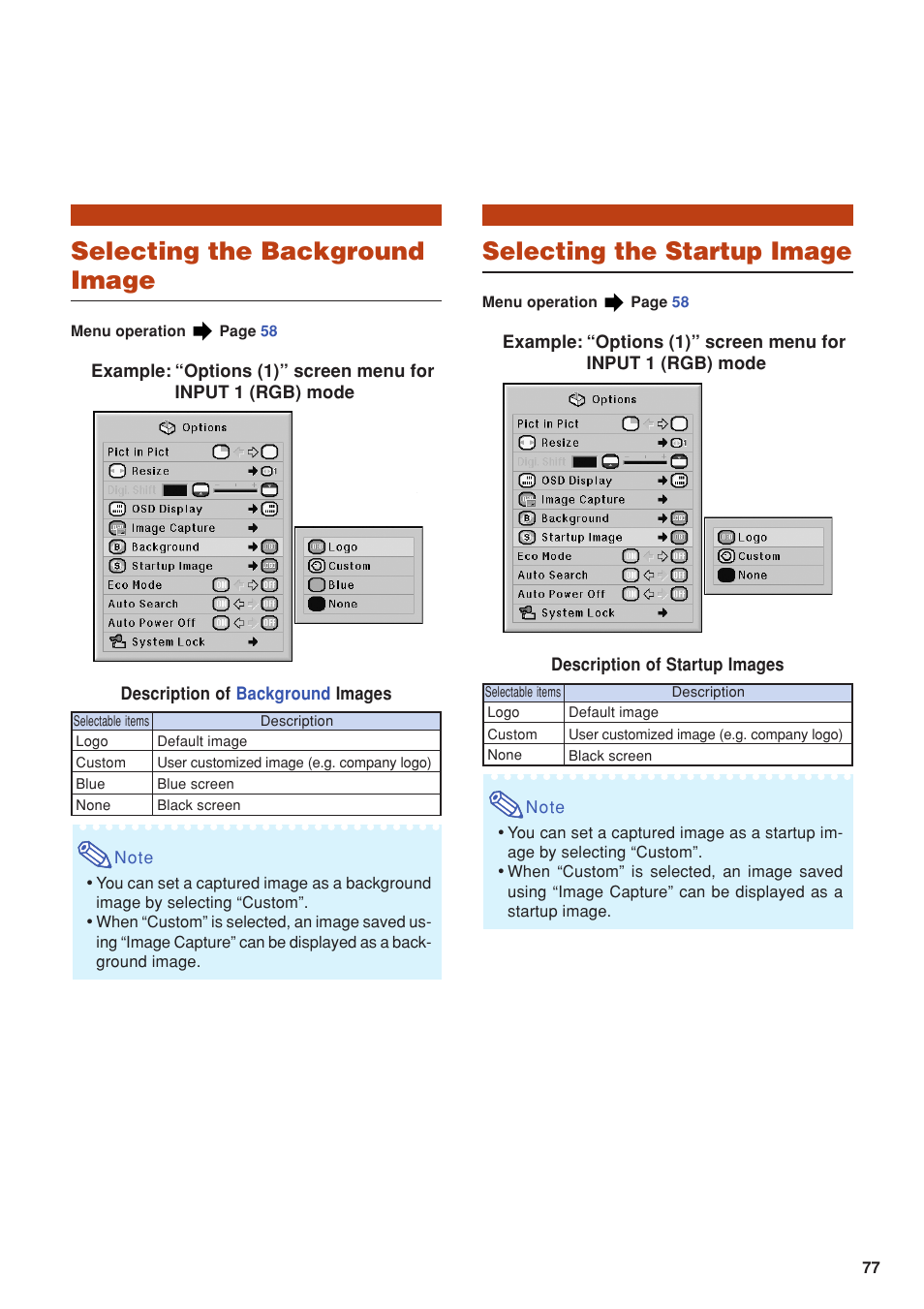 Selecting the background image, Selecting the startup image | Eiki DLP Projector EIP-5000 User Manual | Page 79 / 109