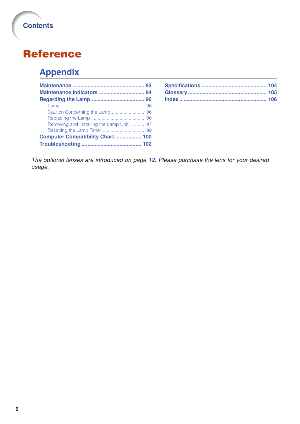 Reference, Appendix | Eiki DLP Projector EIP-5000 User Manual | Page 8 / 109