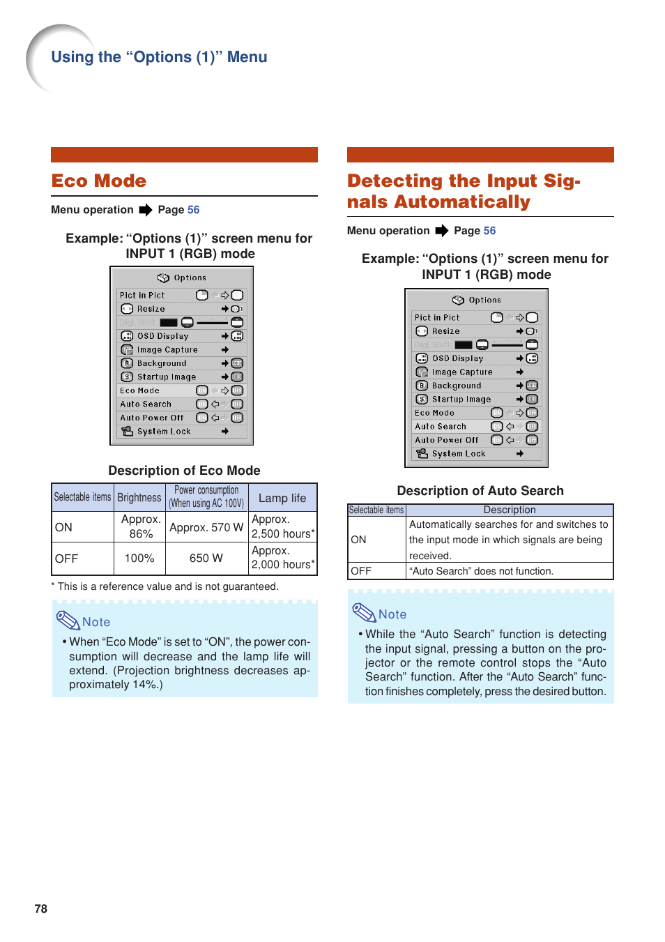 Eco mode, Detecting the input signals automatically, Eco mode detecting the input signals automatically | Detecting the input sig- nals automatically, Using the “options (1)” menu | Eiki DLP Projector EIP-5000 User Manual | Page 80 / 109