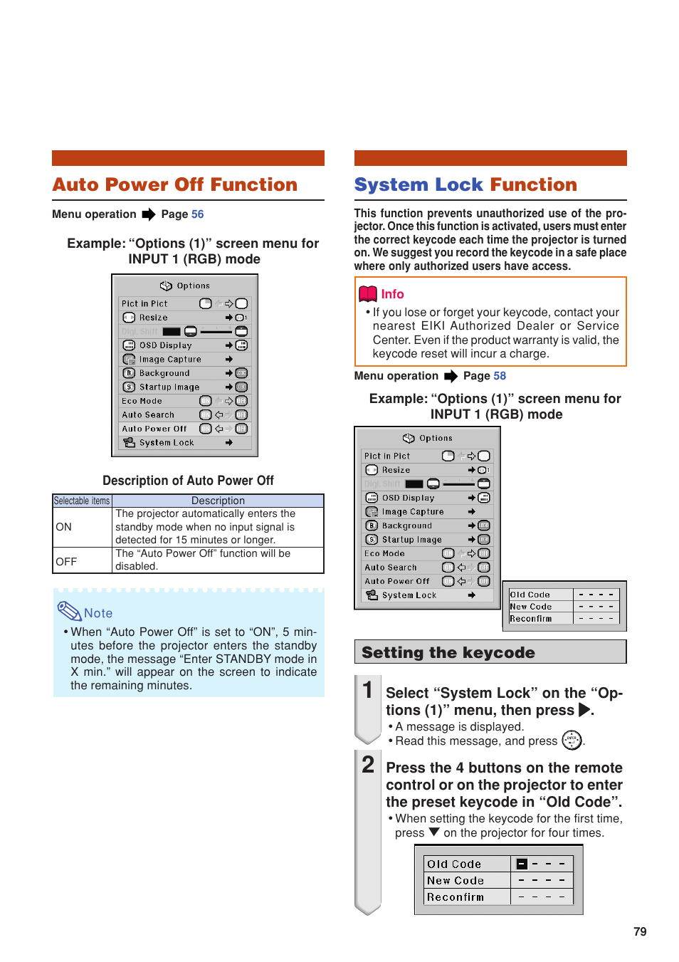 Auto power off function, System lock function, Auto power off function system lock function | For details, Setting the keycode | Eiki DLP Projector EIP-5000 User Manual | Page 81 / 109