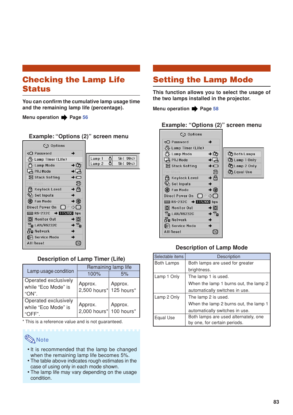 Checking the lamp life status, Setting the lamp mode | Eiki DLP Projector EIP-5000 User Manual | Page 85 / 109